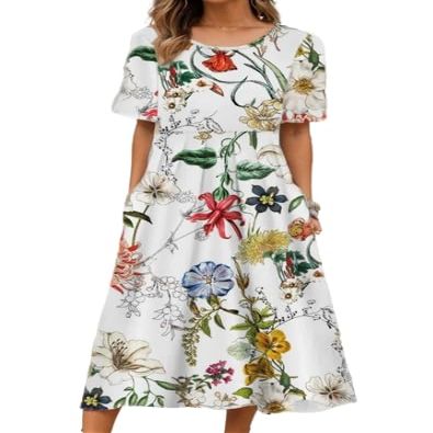 Akivide Women Casual Short Sleeve Boho Floral Print Maxi Dress with Pocket Plus Size Summer Crewneck Flowy Beach Tshirt Dress