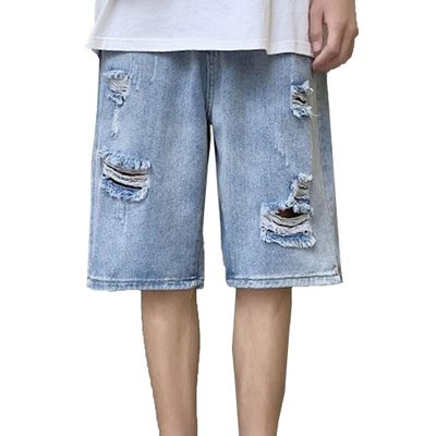 JEsilunmaMY Men's Ripped Baggy Denim Shorts Distressed Fashion Straight Denim Shorts Casual Hip Hop Short Jeans with Hole (Blue,Medium)