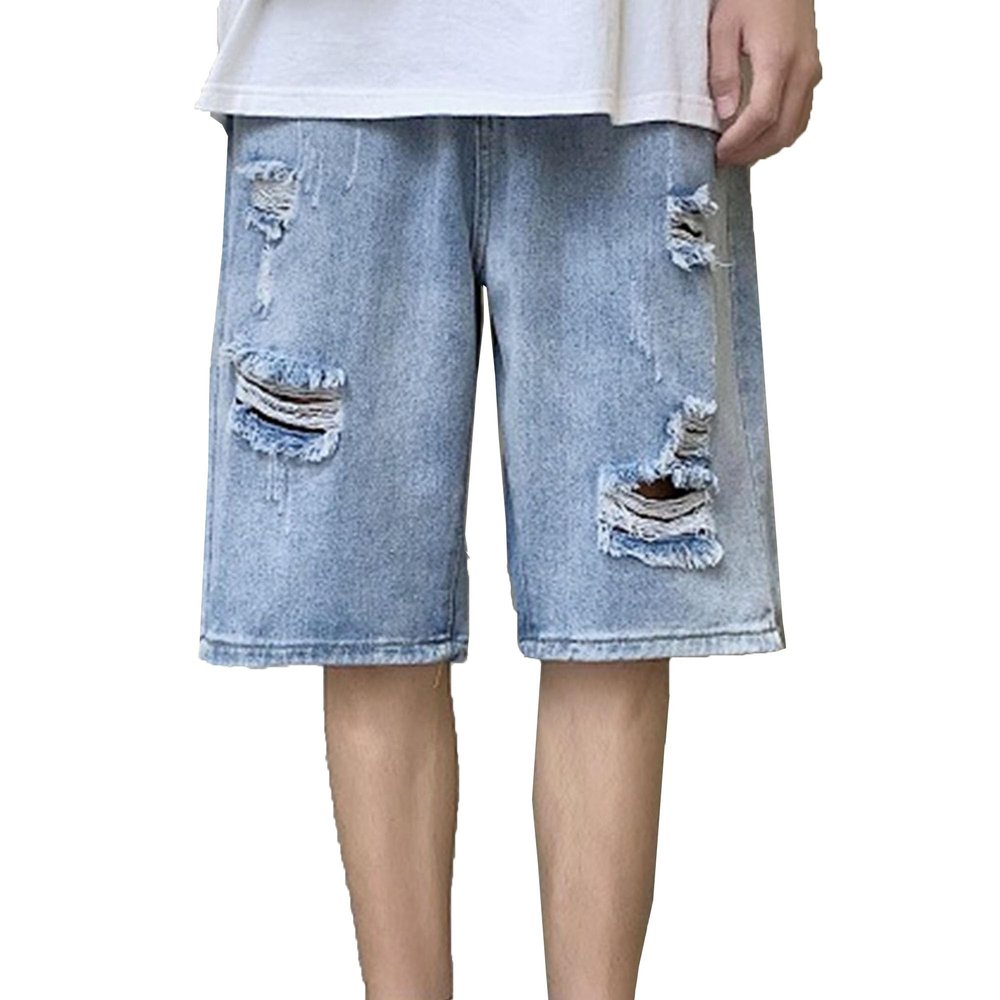 JEsilunmaMY Men's Ripped Baggy Denim Shorts Distressed Fashion Straight Denim Shorts Casual Hip Hop Short Jeans with Hole (Blue,Medium)