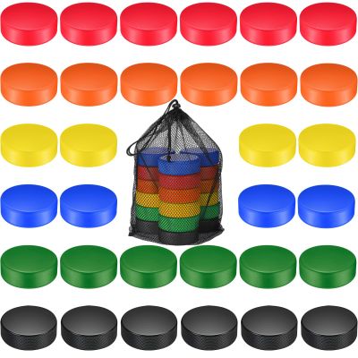 Wettarn 36 Pcs Foam Ice Hockey Pucks Indoor Knee Hockey Pucks with Mesh Bag for Kids Adults Practicing and Classic Training Official Regulation Diameter 3" (Colorful)