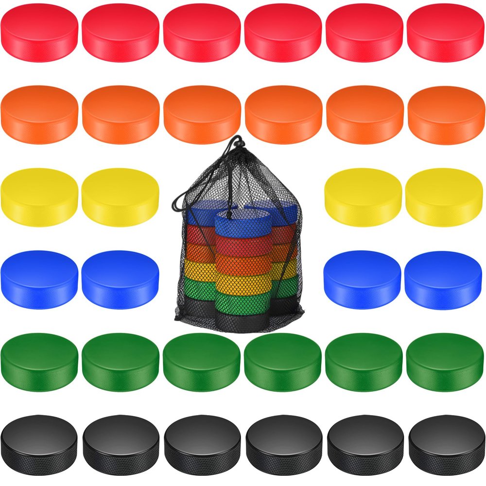 Wettarn 36 Pcs Foam Ice Hockey Pucks Indoor Knee Hockey Pucks with Mesh Bag for Kids Adults Practicing and Classic Training Official Regulation Diameter 3" (Colorful)