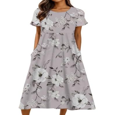 Akivide Women Casual Short Sleeve Boho Floral Print Maxi Dress with Pocket Plus Size Summer Crewneck Flowy Beach Tshirt Dress