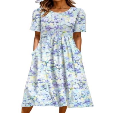 Akivide Women Casual Short Sleeve Boho Floral Print Maxi Dress with Pocket Plus Size Summer Crewneck Flowy Beach Tshirt Dress