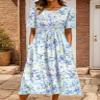 Akivide Women Casual Short Sleeve Boho Floral Print Maxi Dress with Pocket Plus Size Summer Crewneck Flowy Beach Tshirt Dress view 2