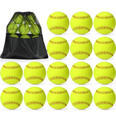 Sonwyoung 16 Pack Sports Practice Softball with Mesh Bag, Official Size and Weight Slowpitch Softball, Unmarked Leather Covered Youth Fastpitch Ball Training Ball for Training(12 Inch)