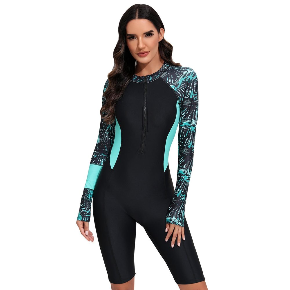 IDOPIP Women Rash Guard Long Sleeve Leaves Print One Piece Swimsuit Bathing Suit Zip Front Sun Protection Swim Shirts UPF 50+ Surfing Rashguard Swimwear Wetsuit Beachwear Green - Long Sleeves L