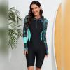 IDOPIP Women Rash Guard Long Sleeve Leaves Print One Piece Swimsuit Bathing Suit Zip Front Sun Protection Swim Shirts UPF 50+ Surfing Rashguard Swimwear Wetsuit Beachwear Green - Long Sleeves L view 3