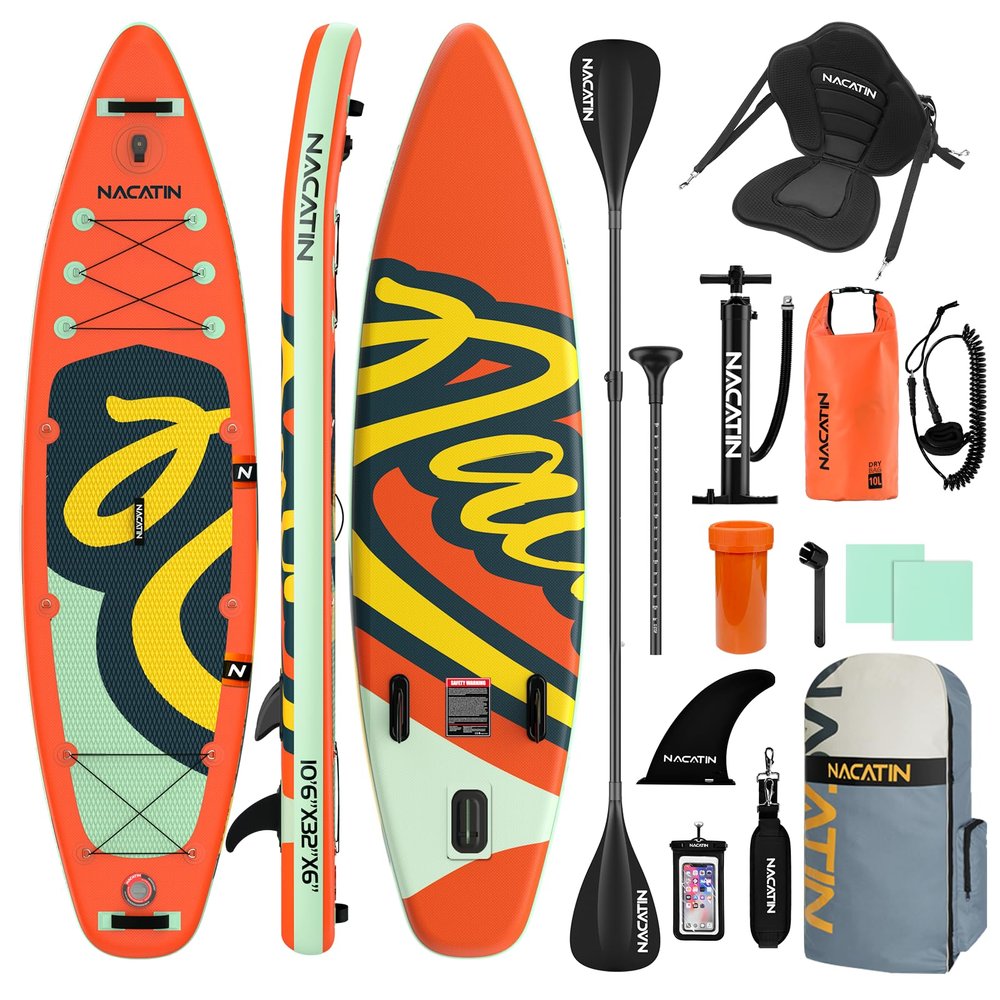 NACATIN Inflatable Stand Up Paddle Board with Kayak Seat,10'6"Upgrade Version Blow Up Paddle Boards for Adults with Premium SUP Accessories&Backpack,Adjustable Paddle,Camera Mount,Fins,Hand Pump