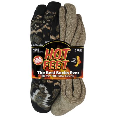 HOT FEET Thermal Socks for Men, Extreme Cold Weather, 2/4 Pack Thick Warm Socks for Men, Winter Insulated Socks, Size 6-12.5, 2 Pack, Ethnic-Solid Brown