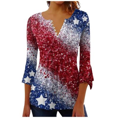 4Th Of July Stars Stripes Womens Button Down Shirt Short Sleeve Petal Sleeve V Neck Tshirts Pleated 3/4 Sleeve Tunic Boho Flower Flowy Tops For Women Gradient Print Summer 3/4 Sleeve T Shirt 2024