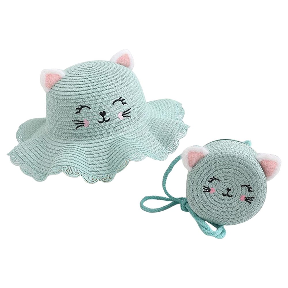 Beach traw Hats Set for Toddler Cap+Woven Bag Summer Braided Sunhat Outfits Baby Children Kids (Mint Green, One Size)