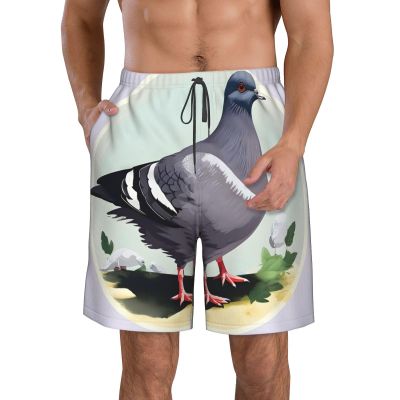MDATT Grey Pigeon Print Men Mens Shorts Casual Waist Drawstring Summer Beach Workout Shorts with 3 Pockets, X-Large, White