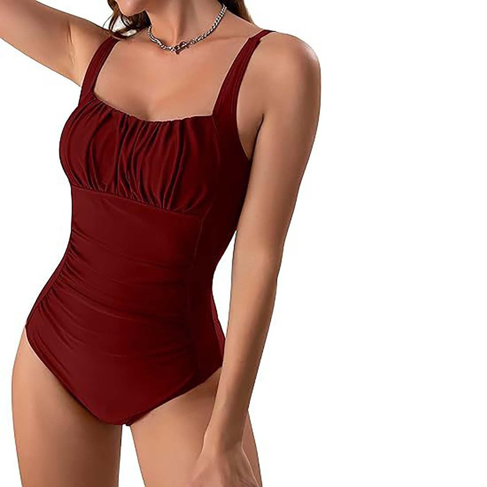 Generic Tummy Control Swimwear Womens One Piece Swimsuit Slimming Swimwear Vintage Swimsuit Womens Ruched Push Up Bathing Suit Wine, Large