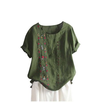 Women's Summer Tops Casual Cotton Linen T Shirts Short Sleeve Round Neck Shirt Oversized Floral Graphic Tees
