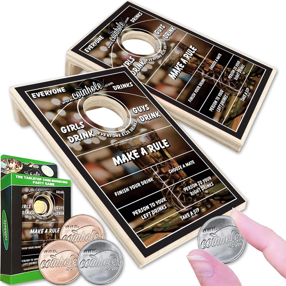 Coinhole Desktop Coin Bouncing Party Game Set | Tabletop Cornhole Board Game | Small Cornhole Travel Game Includes Coins (Tabletop Game Set Drinking Game)
