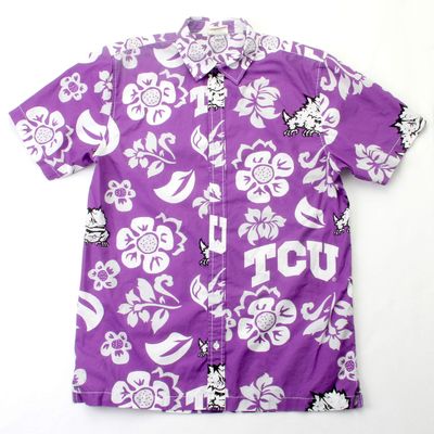 Wes and Willy NCAA Mens Hawaiian Floral Button Down Shirt, TCU Horned Frogs, Grape, XL