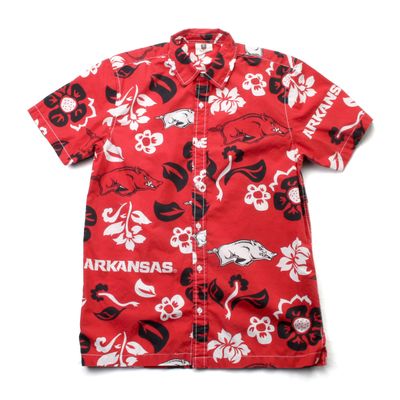 Wes and Willy NCAA Mens Hawaiian Floral Button Down Shirt, Arkansas Razorbacks, Bullseye Red, S