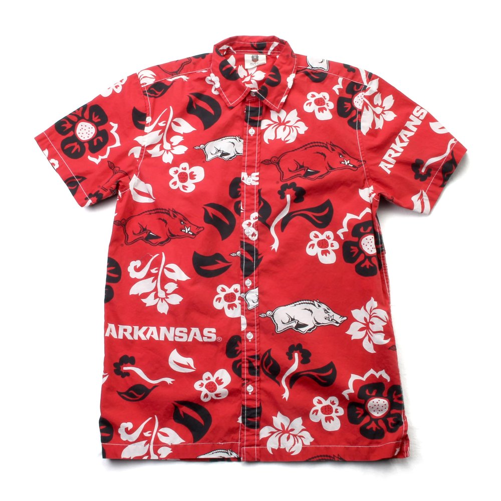 Wes and Willy NCAA Mens Hawaiian Floral Button Down Shirt, Arkansas Razorbacks, Bullseye Red, S