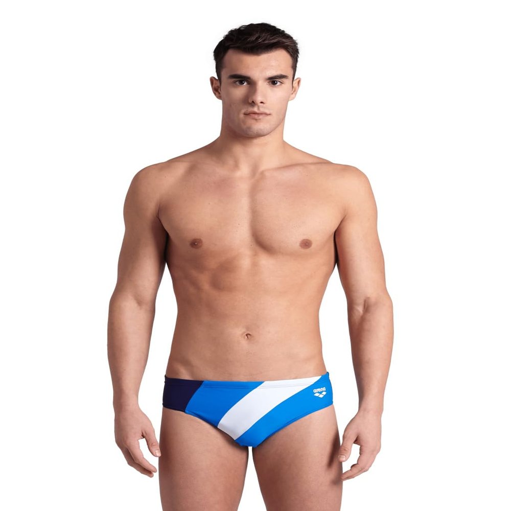 ARENA Feel Men's Waves Profile Swim Brief Stretchy Waterfeel Swimsuit Pool Beach Swimwear Sporty Bathing Suit, Navy/Blue/White, US Size 38