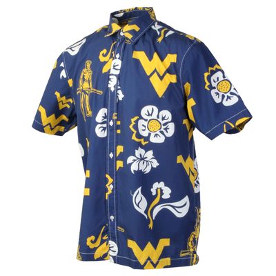 Wes and Willy NCAA Mens Hawaiian Floral Button Down Shirt, West Virginia Mountaineers, Midnight, XXXL
