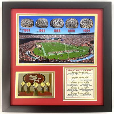 49ers Championship Rings | Collectible San Francisco Football Collage | SB Era Championships | Legends Never Die | Framed Double Matted Photo Collage | 12"x15" | (49ers Rings)