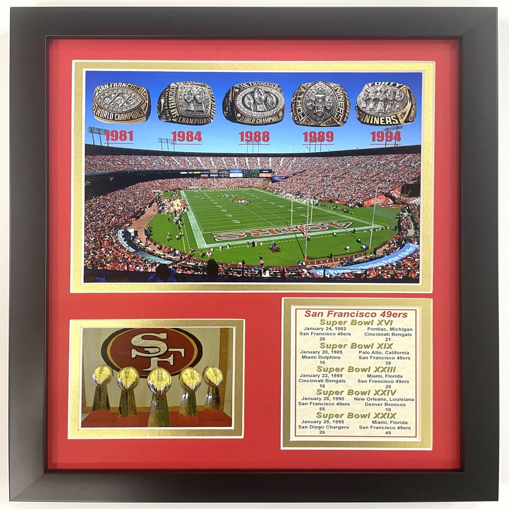 49ers Championship Rings | Collectible San Francisco Football Collage | SB Era Championships | Legends Never Die | Framed Double Matted Photo Collage | 12"x15" | (49ers Rings)