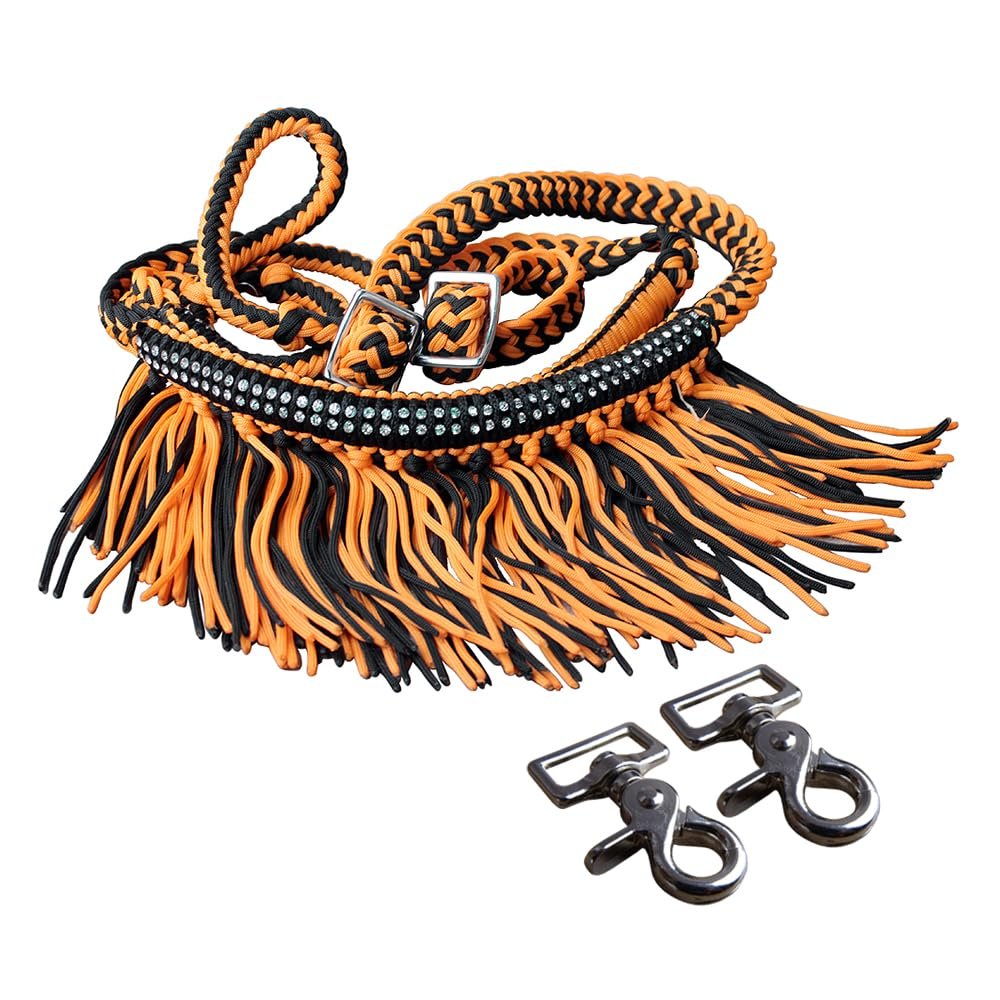 HILASON 1" X 8Ft Braided Barrel Horse Racing Reins Knots Fringe Crystal W/Snaps