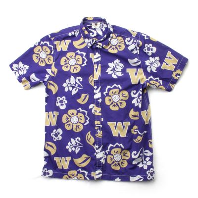 Wes and Willy NCAA Mens Hawaiian Floral Button Down Shirt, Washington Huskies, Grape, XL