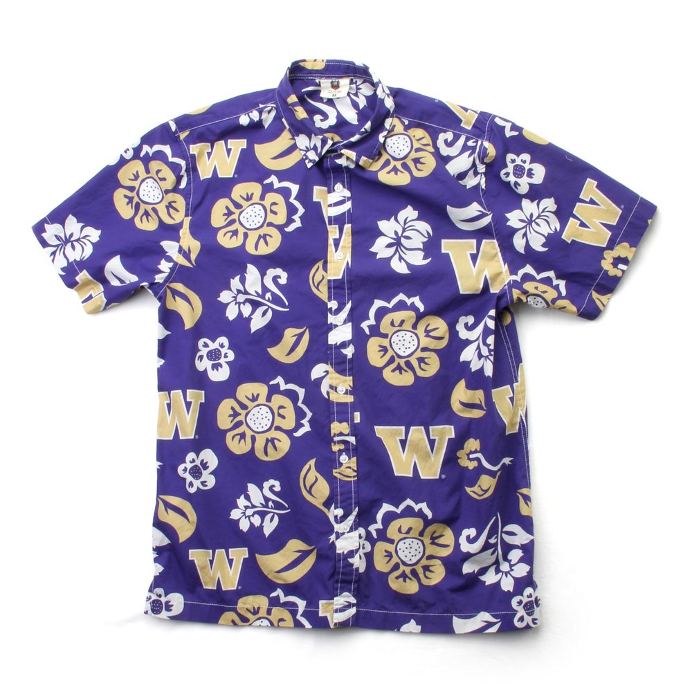 Wes and Willy NCAA Mens Hawaiian Floral Button Down Shirt, Washington Huskies, Grape, XL