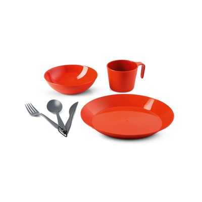 GSI Outdoors Cascadian 1 Person Table Set I 6-Piece Camping, Backpacking Mess Kit, Plastic BPA Free, Plate, Bowl, Mug, Cup & Cutlery Set - Terracotta