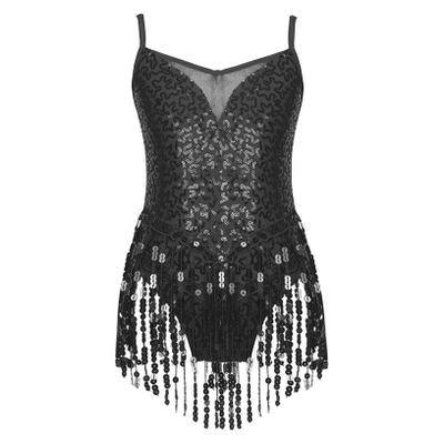 ACSUSS Kids Girls Latin Ballroom Dance Dress Sparkly Sequins Tassel Skirt Leotard Modern Jazz Tap Costume Dancewear Black 10 Years