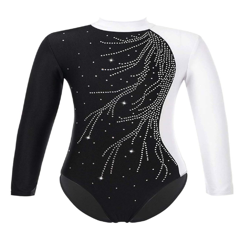 ACSUSS Kids Girls Long Sleeve Gymnastics Leotard Sparkly Dance Figure Skating Unitard Bodysuit Competition Dancewear White 16 Years
