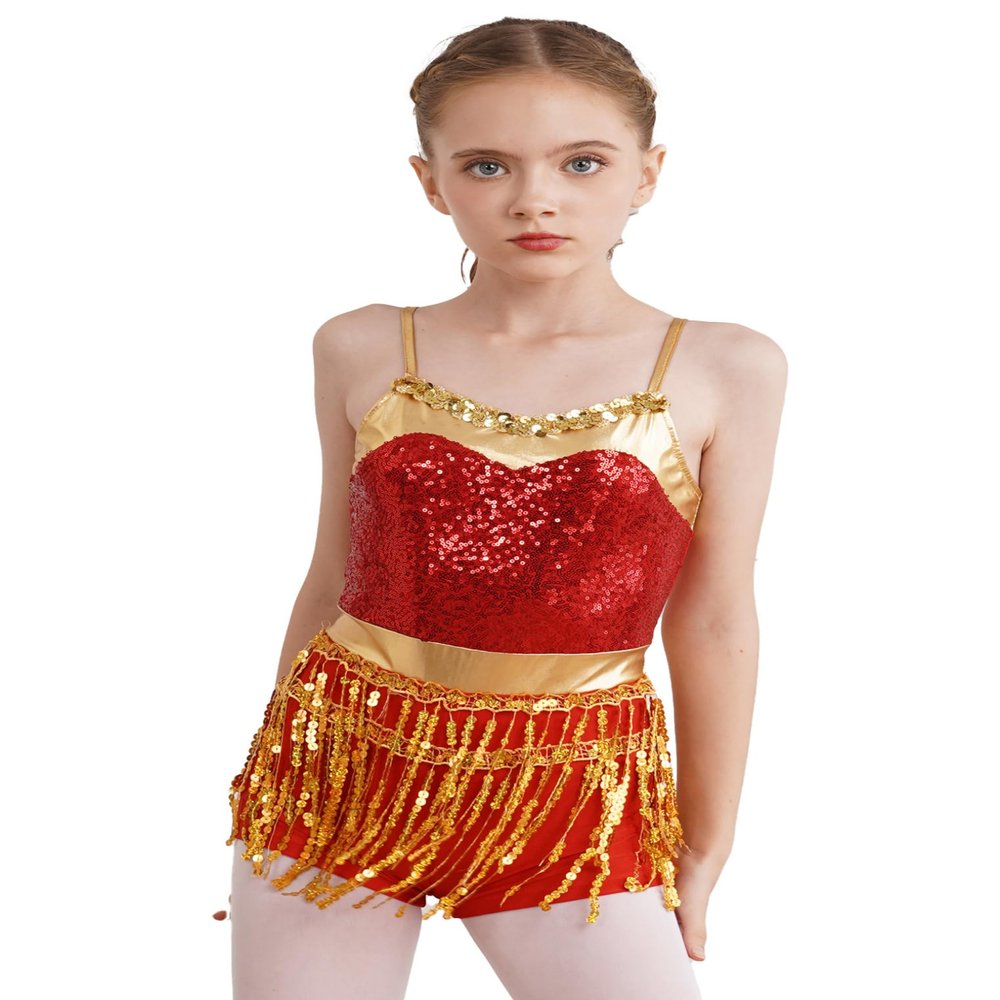 ACSUSS Kids Girls Latin Ballroom Dance Dress Sparkly Sequins Tassel Skirt Leotard Modern Jazz Tap Costume Dancewear Red C 14 Years
