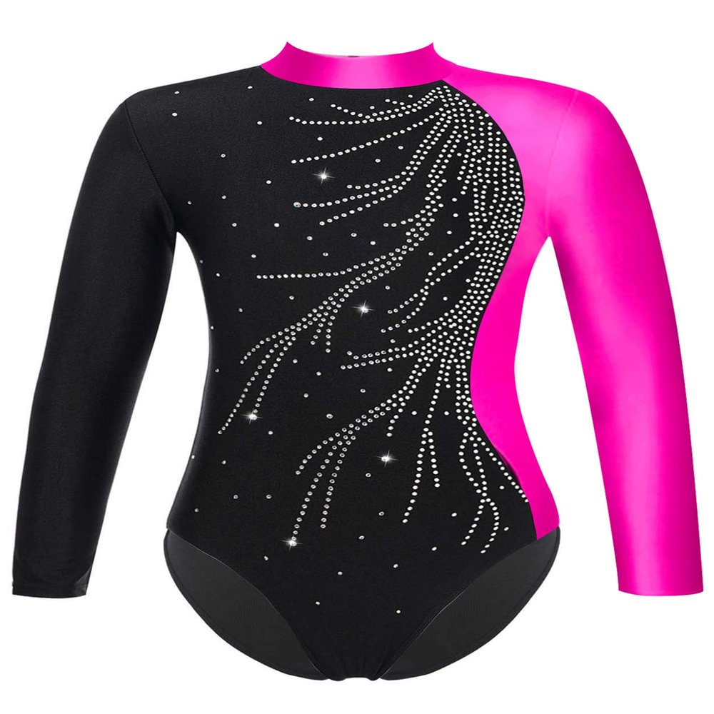 ACSUSS Kids Girls Long Sleeve Gymnastics Leotard Sparkly Dance Figure Skating Unitard Bodysuit Competition Dancewear Rose 16 Years