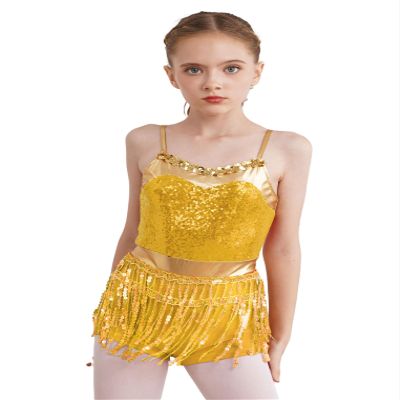 ACSUSS Kids Girls Latin Ballroom Dance Dress Sparkly Sequins Tassel Skirt Leotard Modern Jazz Tap Costume Dancewear Gold C 14 Years
