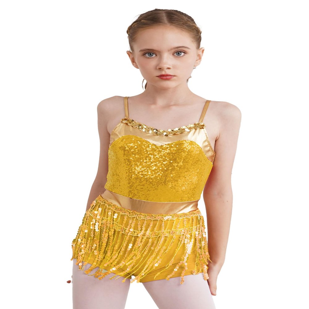 ACSUSS Kids Girls Latin Ballroom Dance Dress Sparkly Sequins Tassel Skirt Leotard Modern Jazz Tap Costume Dancewear Gold C 14 Years