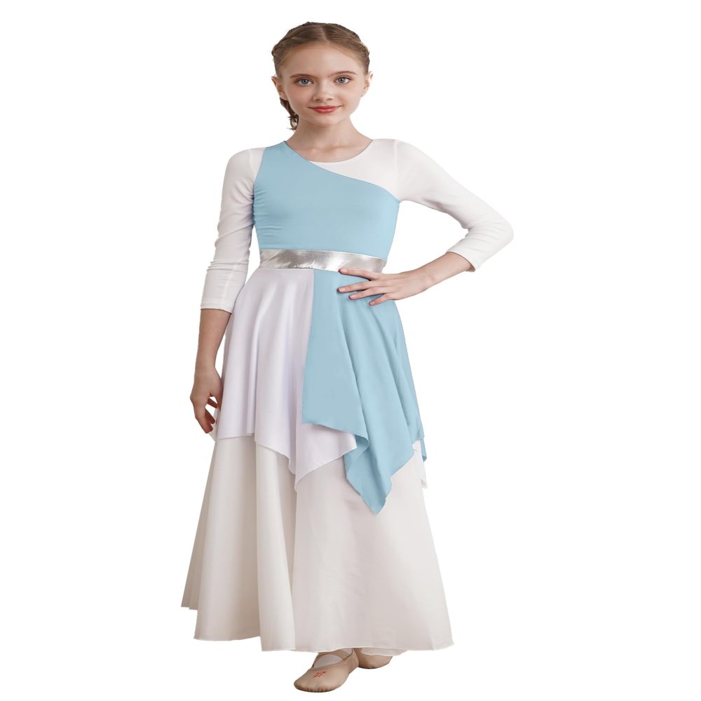 ACSUSS Kids Girls Liturgical Praise Dance Dress Color Block One Shoulder Worship Church Dress Lyrical Dancewear Tunic Light Blue 10 Years
