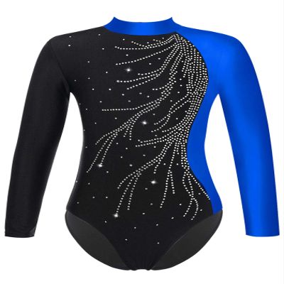 ACSUSS Kids Girls Long Sleeve Gymnastics Leotard Sparkly Dance Figure Skating Unitard Bodysuit Competition Dancewear Blue 12 Years