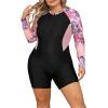 FYMNSI Plus Size Swimsuit for Women Zip Up Rash Guard Long Sleeve Rashguard Shirts Boyleg Surf Board Shorts One Piece UV Sun Protection Swimwear Surfing Bathing Suit UPF 50 Beachwear Pink Black 12 view 1