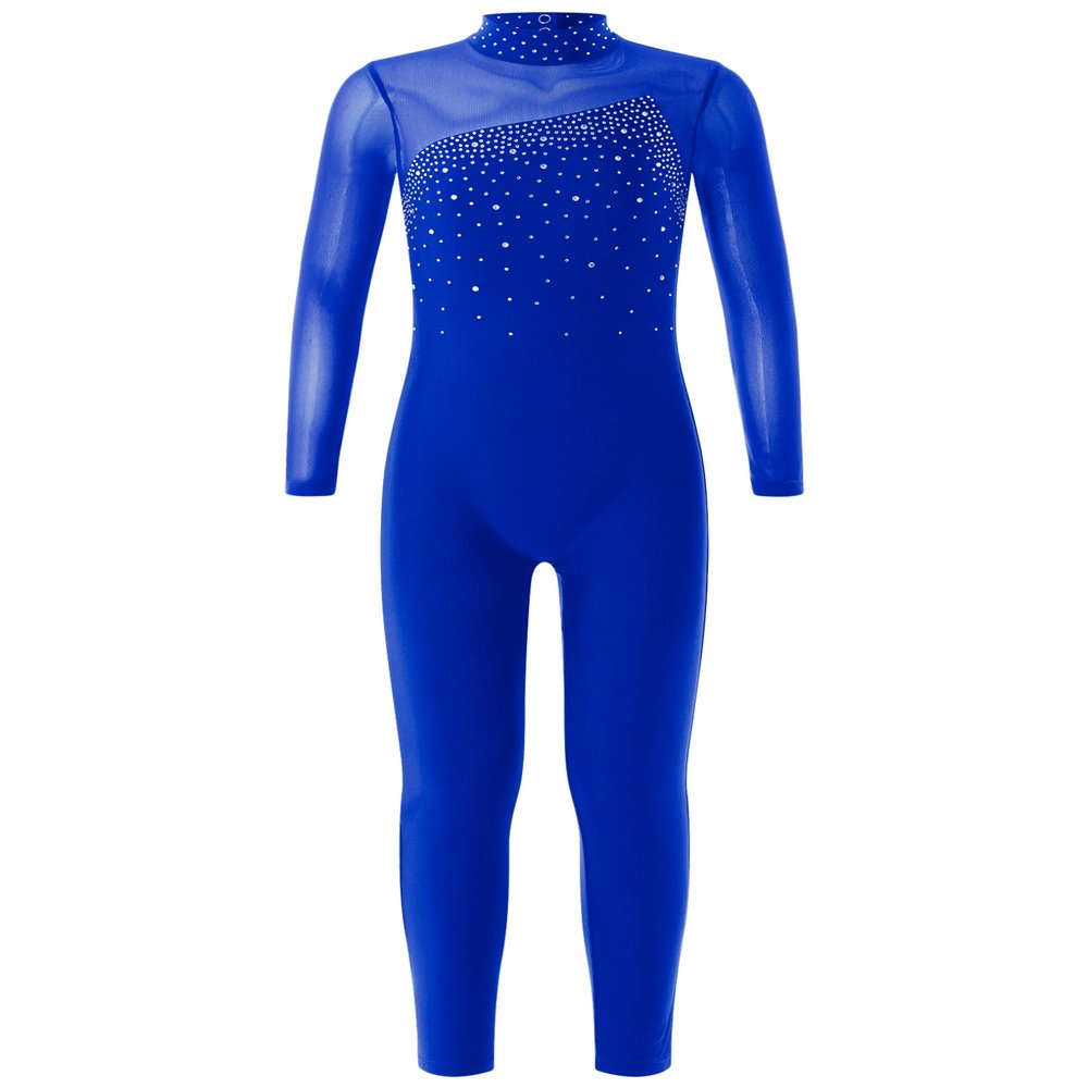 ACSUSS Shiny Rhinestone Gymnastics Leotards for Girls Long Sleeve Mesh Patchwork Dance Sports Unitard Skating Jumpsuit Royal Blue 16 Years