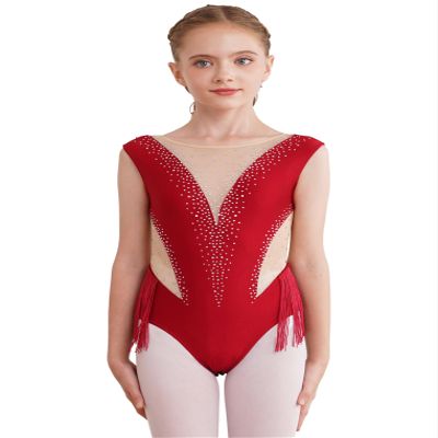 ACSUSS Gymnastic Leotard Kids Girls Tassel Latin Ballroom Dance Dress Sparkly Figure Skating Dress Competition Dancewear Burgundy 10 Years