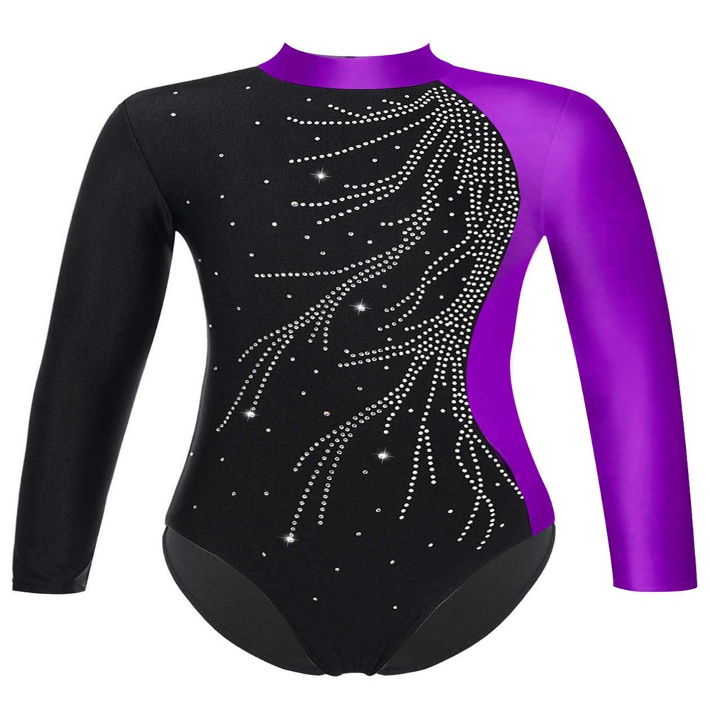 ACSUSS Kids Girls Long Sleeve Gymnastics Leotard Sparkly Dance Figure Skating Unitard Bodysuit Competition Dancewear Purple 14 Years