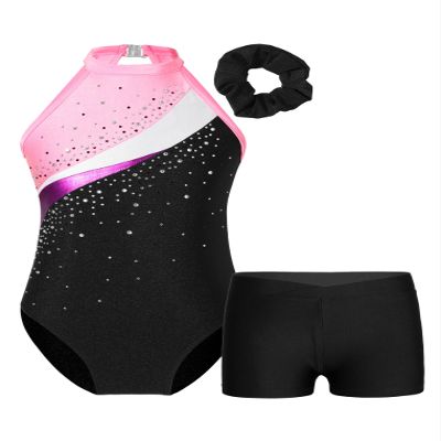 ACSUSS Kids Girls Sleeveless Gymnastic Leotard with Athletic Shorts Hair Scrunchie Biketard Dance Outfits Sets Tracksuit Black&Pink 8 Years