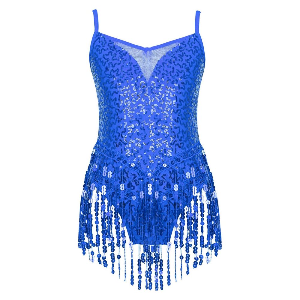 ACSUSS Kids Girls Latin Ballroom Dance Dress Sparkly Sequins Tassel Skirt Leotard Modern Jazz Tap Costume Dancewear Royal Blue 12 Years