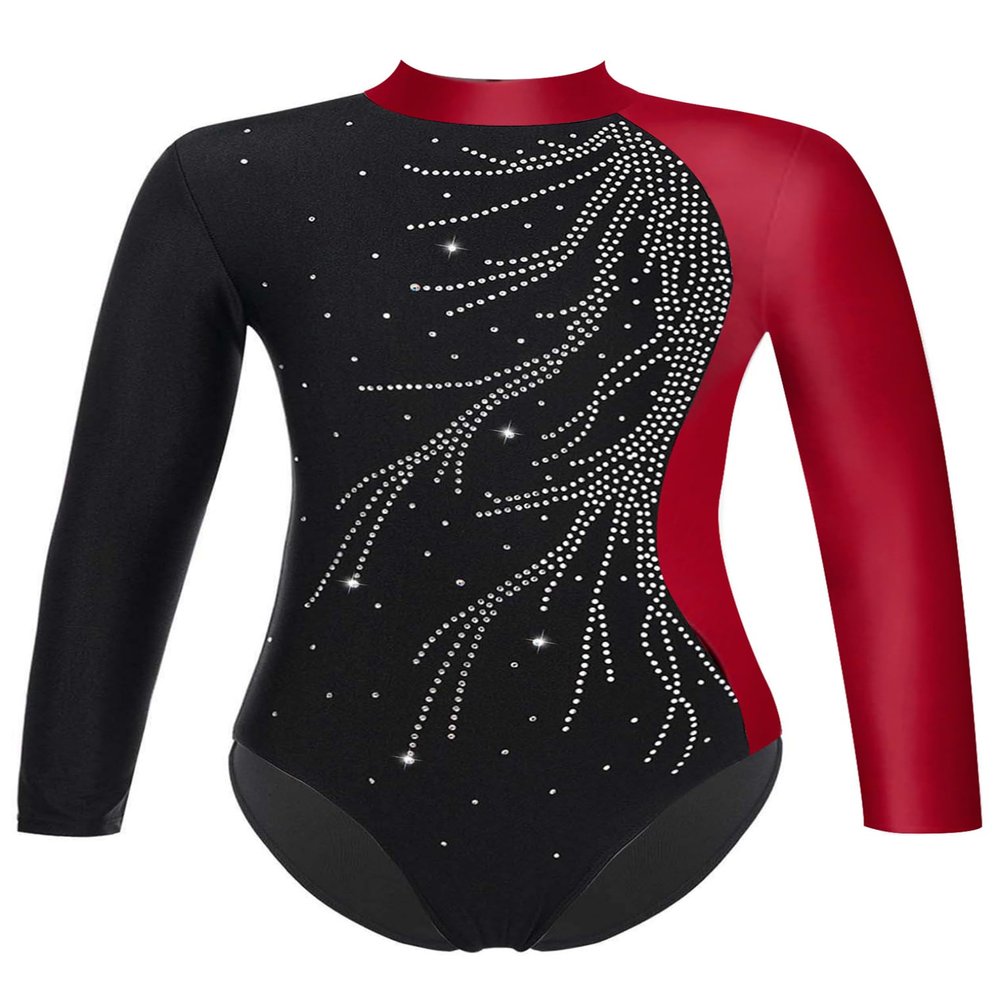 ACSUSS Kids Girls Long Sleeve Gymnastics Leotard Sparkly Dance Figure Skating Unitard Bodysuit Competition Dancewear Burgundy 10 Years