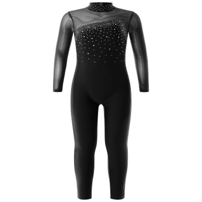 ACSUSS Shiny Rhinestone Gymnastics Leotards for Girls Long Sleeve Mesh Patchwork Dance Sports Unitard Skating Jumpsuit Black 14 Years