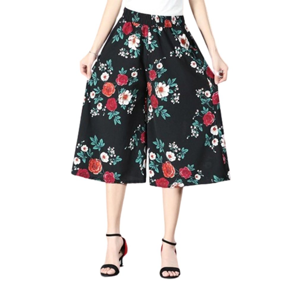 NLIADVY Women's High Elastic Waist Pleated Chiffon Wide Leg Culottes,High Waist Elastic Waist Wide Leg Pants Floral Culottes (1PCS-D,One Size(45-75kg))