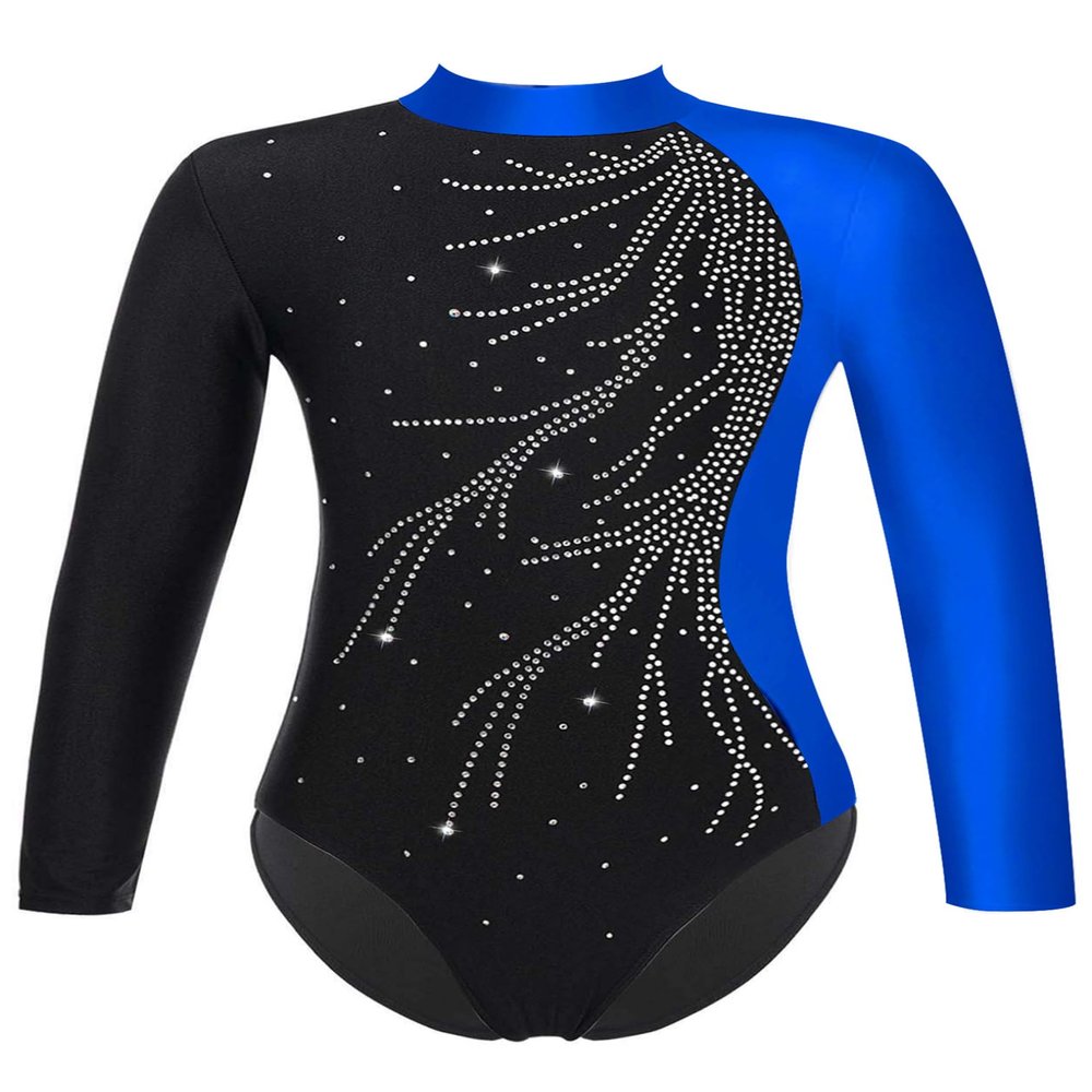 ACSUSS Kids Girls Long Sleeve Gymnastics Leotard Sparkly Dance Figure Skating Unitard Bodysuit Competition Dancewear Blue 14 Years