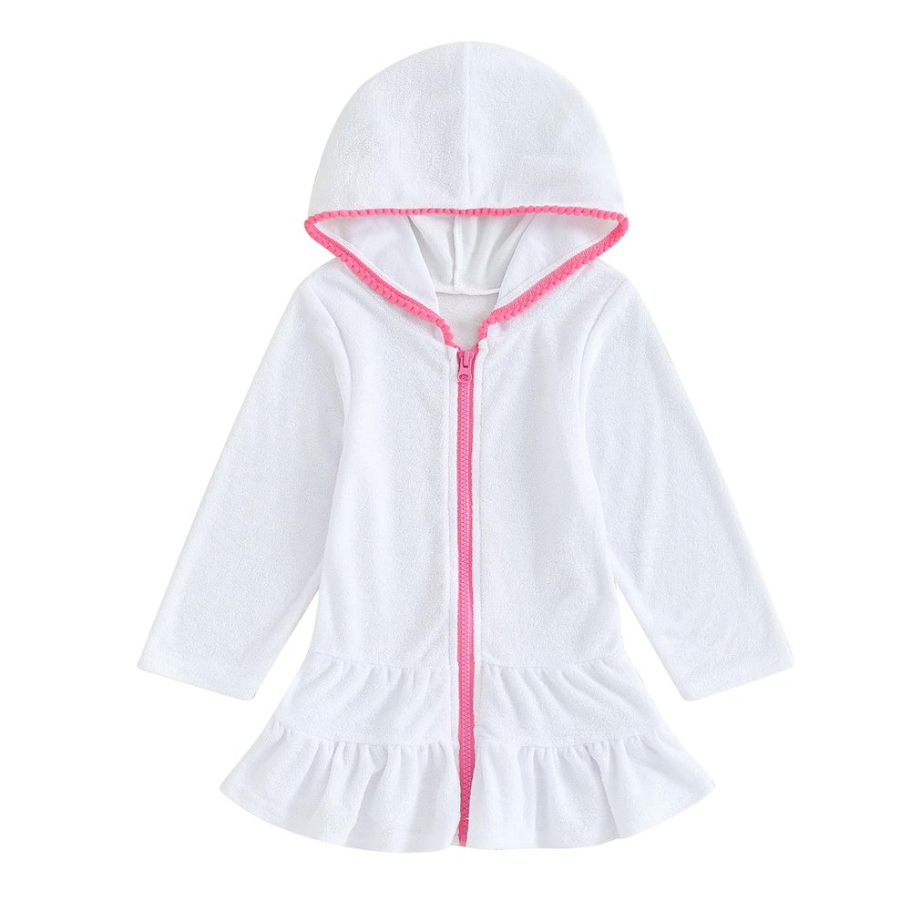 MAYUMMPY Kids Girl Swim Cover Up Swimsuit Zipper Beach Pool Bathing Suit Hoodie Dress Terry Coverup Swimwear (White, 5-6 Years)