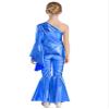 ACSUSS Kids Girls Metallic Gymnastic Leotard One Shoulder Bell-bottom Flared Jumpsuit Romper Dance Pageant Party Gown Royal Blue 12 Years view 2
